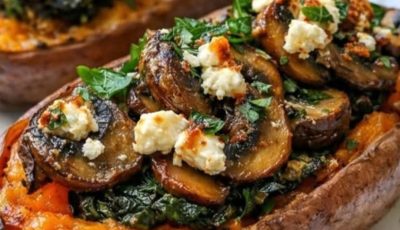 Mediterranean Stuffed Sweet Potatoes with Garlic Mushrooms & Spinach